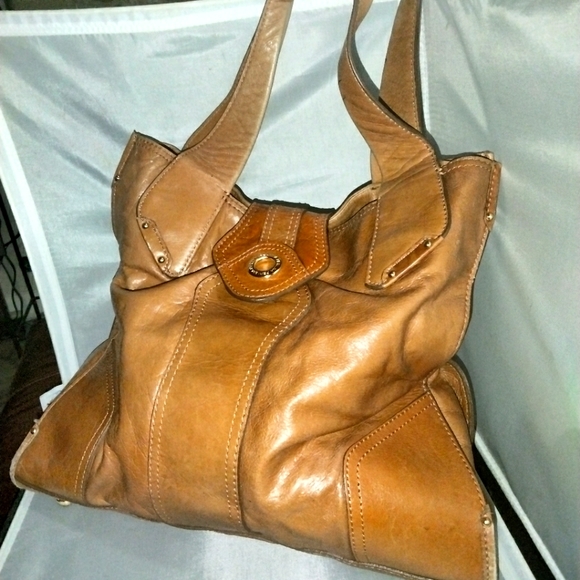 Cute rustic tan leather tote purse by Perlina - Picture 1 of 12